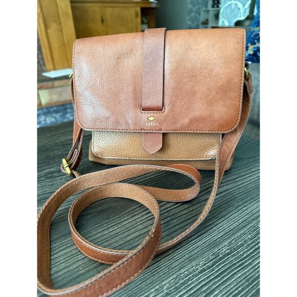 Fossil Camel Brown Kinley Small Leather & Canvas Crossbody Bag - Picture 1 of 7